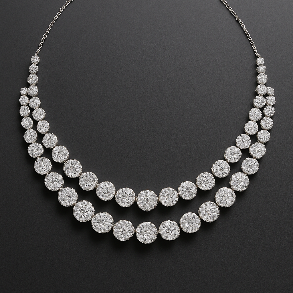 Double triple row necklace with multiple size round diamonds half way around 