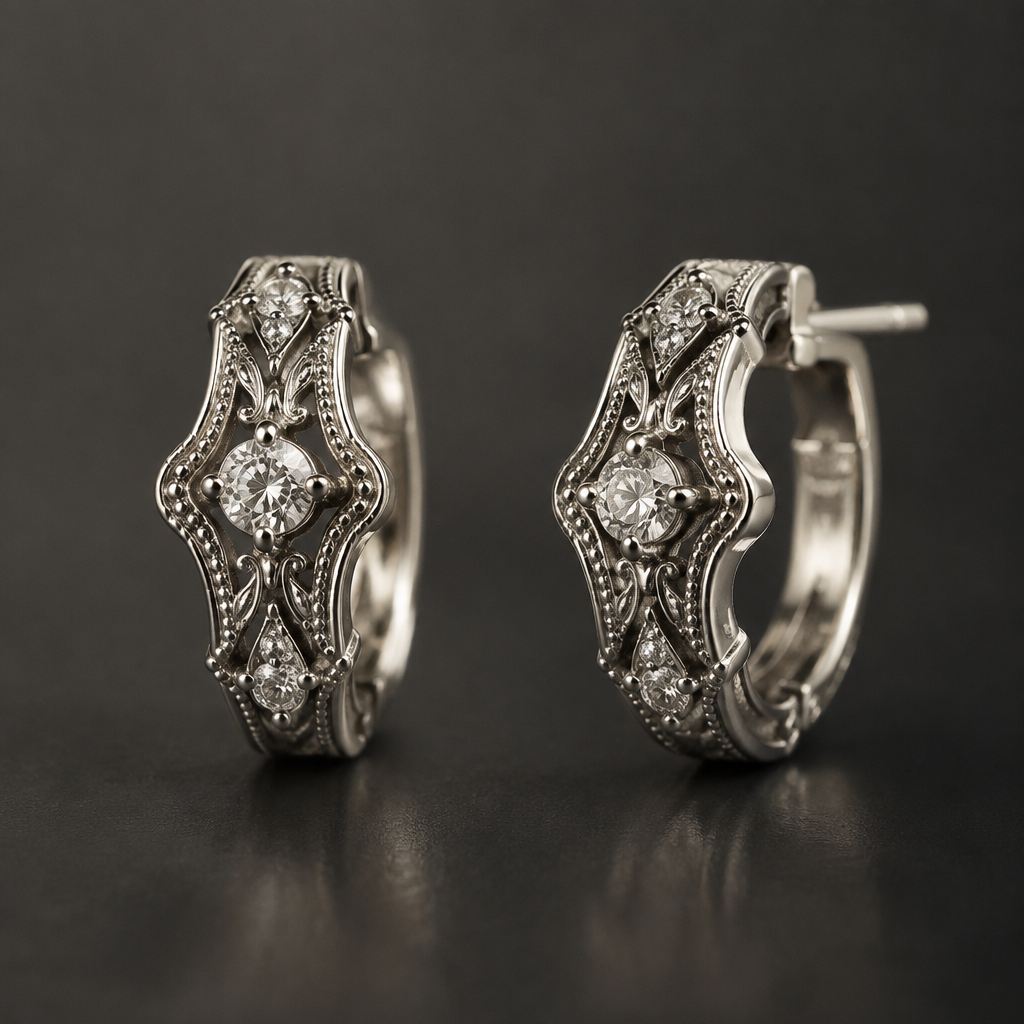 A vintage men's earrings made of white gold with diamond stones suitable for daily wear, highly ornate, intricate and elaborate, richly detailed. less gold less diamond for daily use
photorealistic jewelry design, A vintage men's earrings made of white gold with diamond stones suitable for daily wear, highly ornate, intricate and elaborate, richly detailed. less gold less diamond for daily use, vintage style, just the design no text