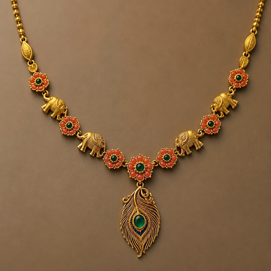 A women's necklace made of gold. I want to add small flower design afetr that elephant design in that flower must be coral inside i want green stone and peacock feather design pendant in this chain
photorealistic jewelry design, A women's necklace made of gold. I want to add small flower design afetr that elephant design in that flower must be coral inside i want green stone and peacock feather design pendant in this chain, modern style, just the design no text
