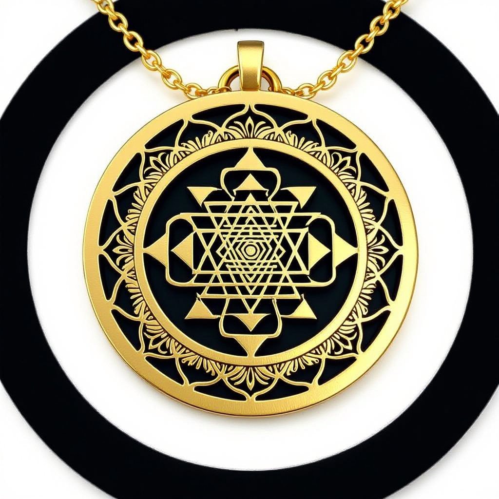 Золотой матовый кулон в виде круга, в центре изображена янтра богини кали