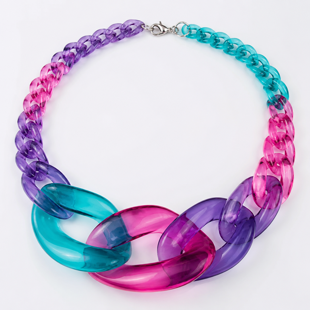 A women's necklace. create a chunky Cuban Link style plastic chain that is o graduated and exaggerated in the first front three links that is translucent using only purple, pink and teal
photorealistic jewelry design, A women's necklace. create a chunky Cuban Link style plastic chain that is o graduated and exaggerated in the first front three links that is translucent using only purple, pink and teal, modern style, just the design no text