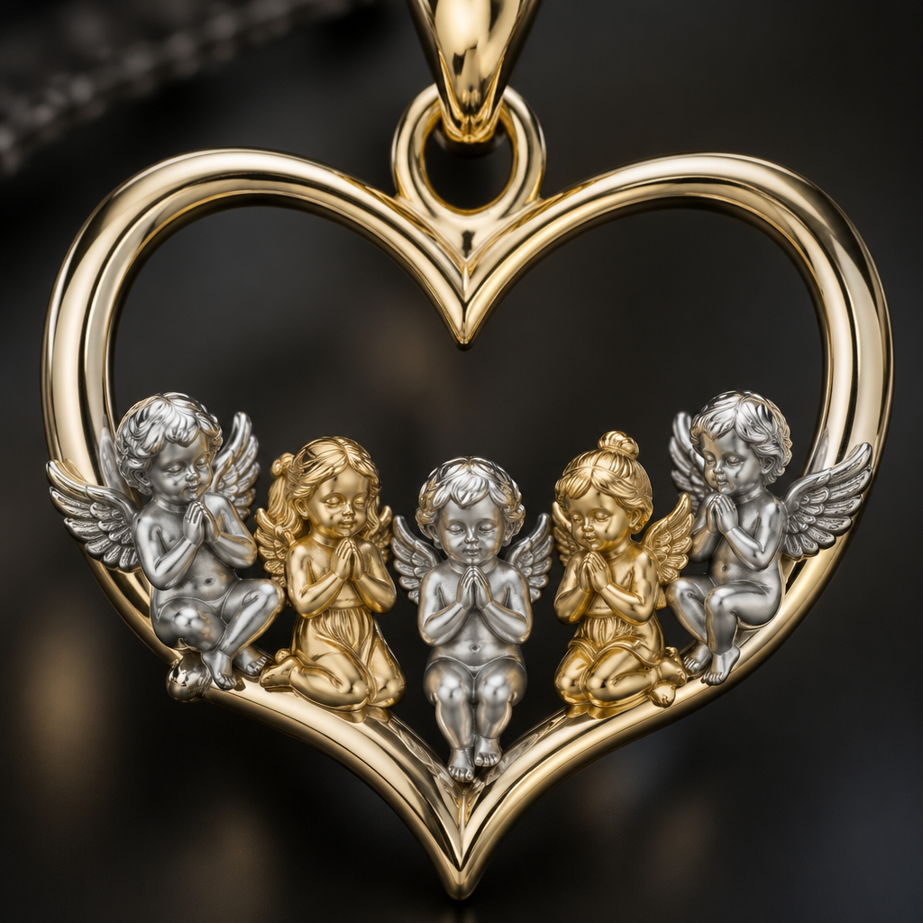 A women's ring. Роскошная золотая подвеска в форме сердца. Пять маленьких детально проработанных ангелочков расположены полукругом вдоль изгиба сердца. Чередование: мальчик (белое золото), девочка (желтое золото), мальчик (белое золото), девочка (желтое золото), мальчик (белое золото). Ювелирная работа, высокая детализация крыльев и лиц, макросъемка, глянцевый блеск металла. сердце элегантное
photorealistic jewelry design, A women's ring. Роскошная золотая подвеска в форме сердца. Пять маленьких детально проработанных ангелочков расположены полукругом вдоль изгиба сердца. Чередование: мальчик (белое золото), девочка (желтое золото), мальчик (белое золото), девочка (желтое золото), мальчик (белое золото). Ювелирная работа, высокая детализация крыльев и лиц, макросъемка, глянцевый блеск металла. сердце элегантное, modern style, just the design no text