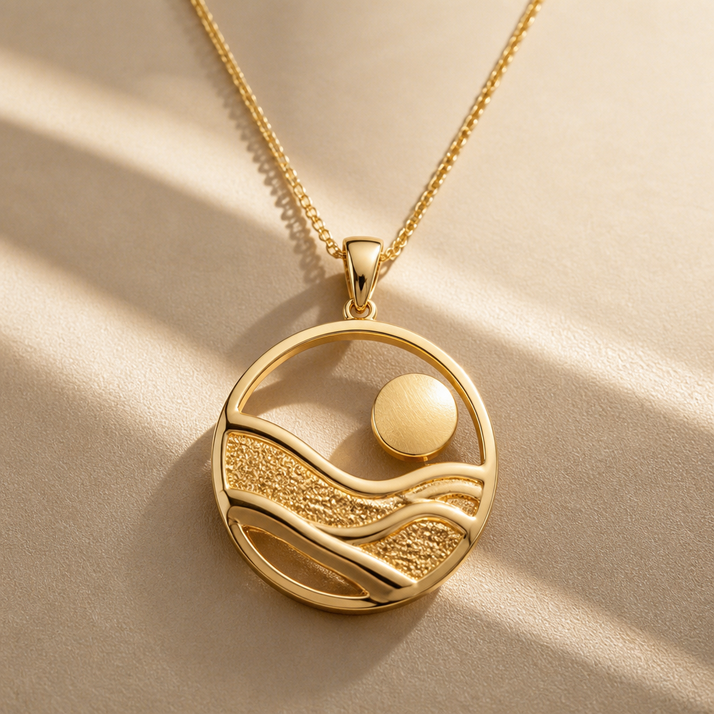 A modern women's pendant. A gold set design that combines the desert wind, sand and sun And the design is like it
photorealistic jewelry design, A modern women's pendant. A gold set design that combines the desert wind, sand and sun And the design is like it, modern style, just the design no text