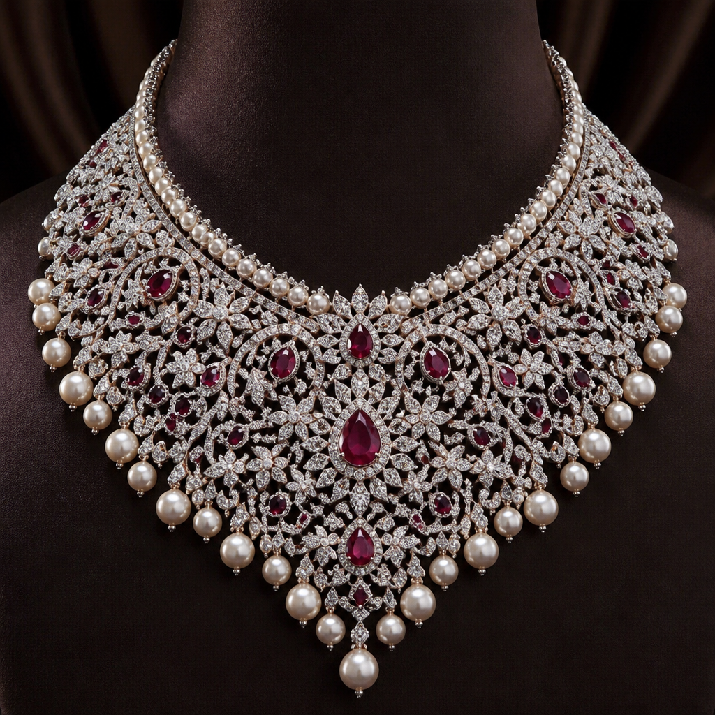 A pearl-adorned women's necklace made of platinum with diamond and ruby and pearl stones suitable for wedding, highly ornate, intricate and elaborate, richly detailed. Luxury diamond royal necklace encrusted with rubies and pearls
photorealistic jewelry design, A pearl-adorned women's necklace made of platinum with diamond and ruby and pearl stones suitable for wedding, highly ornate, intricate and elaborate, richly detailed. Luxury diamond royal necklace encrusted with rubies and pearls, pearl_adorned style, just the design no text