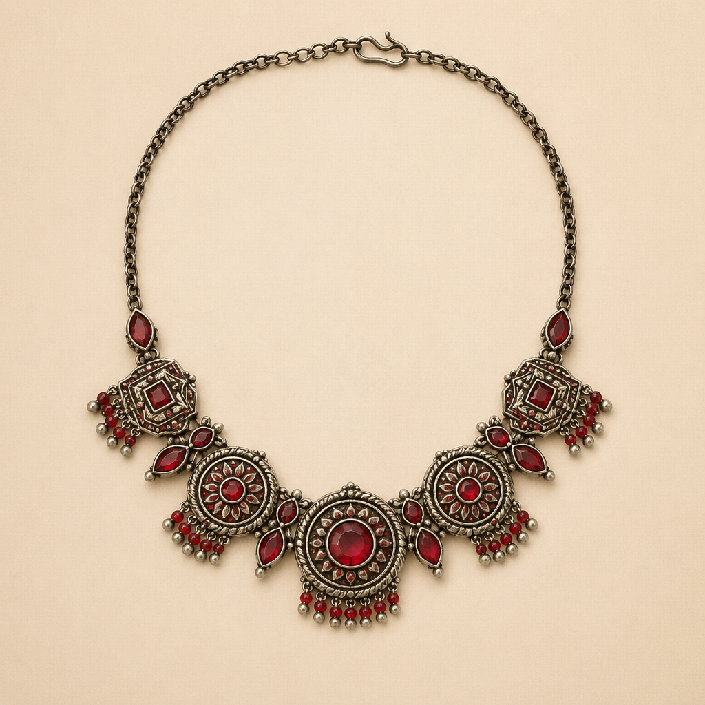 Design a medium sized necklace which is minimalist and looks more like that it can be worn with saree , with ruby red , red crystals
photorealistic jewelry design, Design a medium sized necklace which is minimalist and looks more like that it can be worn with saree , with ruby red , red crystals , tribal style, just the design no text