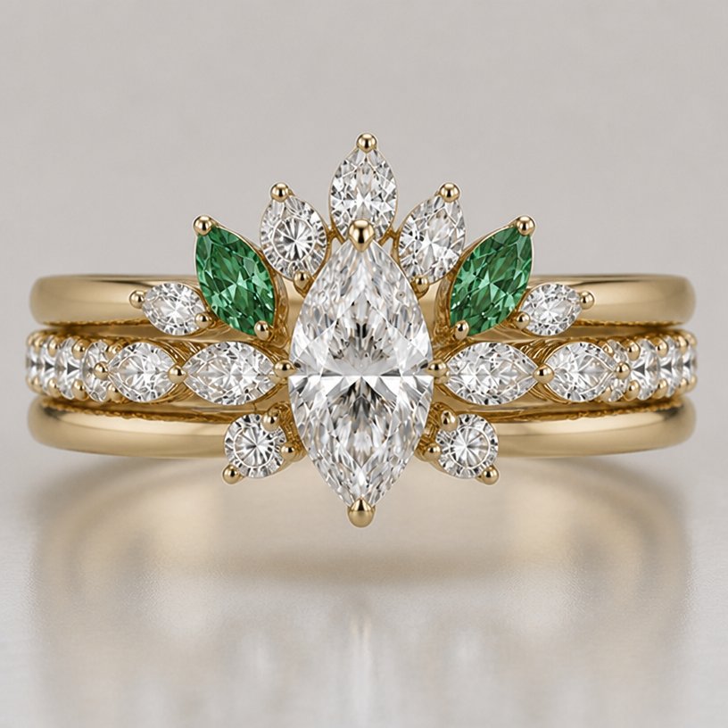 no. keep the same size of emerald green diamonds as before. but remove a couple of the diamonds so it doesn’t look as big and clustered.
edit the attached jewelry design with these instructions: no. keep the same size of emerald green diamonds as before. but remove a couple of the diamonds so it doesn’t look as big and clustered.. keep it photorealistic, just the design no text