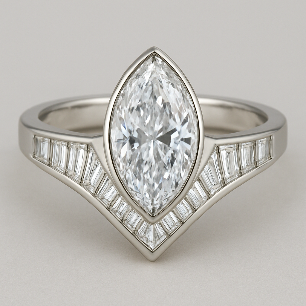 Bezel set 6 carat marquise diamond center stone with baguette diamonds in a chevron pattern in the band