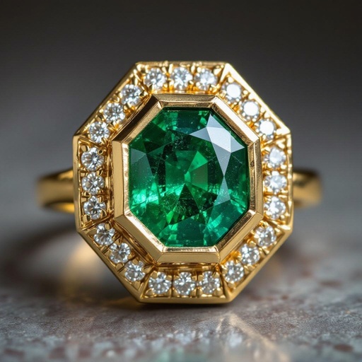 Anillo en oro con esmeralda trapiche redonda y diamantes al rededor que forme un hexágono en el metal