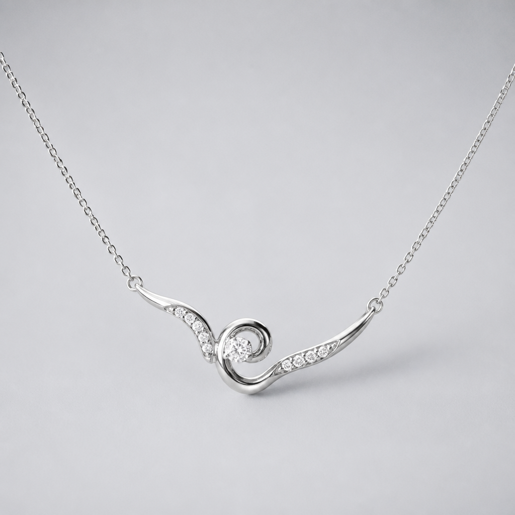A minimalist women's necklace made of silver with diamond stones. Collier minimaliste simple avec avec quelques diamants, mais qui fait ressentir une émotion romantique style artitique avec des courbes
photorealistic jewelry design, A minimalist women's necklace made of silver with diamond stones. Collier minimaliste simple avec avec quelques diamants, mais qui fait ressentir une émotion romantique style artitique avec des courbes, minimalist style, just the design no text