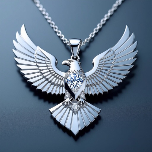 Geomatric modern eagle and wings with ring of architecture shape and voulume of complete set Design a contemporary pendant featuring a single, large diamond shaped like a wing, symbolizing freedom and elegance. The diamond is elegantly set in a sleek, minimalist rose gold frame that accentuates its brilliance. The modern aesthetic is enhanced with clean lines and asymmetry, making it a striking statement piece for the avant-garde wearer.
