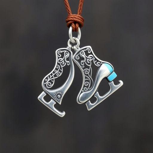 Silver pendant in the shape of ice skating blades with a turquoise stripe within the blade