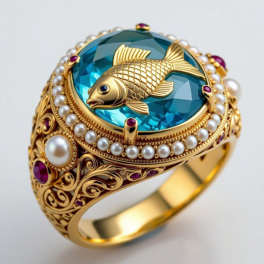 Aquamarine ring with pisces/fish motif for man.