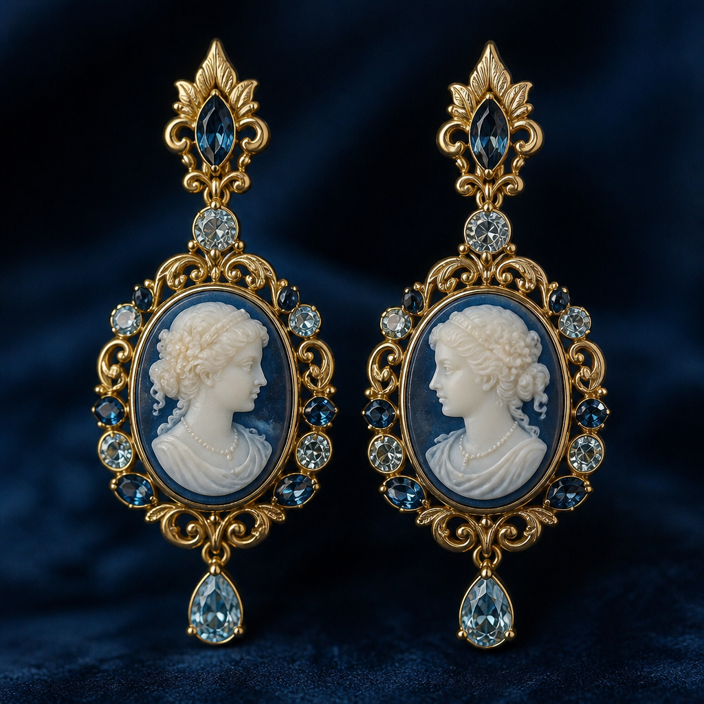 A cameo women's earrings made of gold with sapphire and topaz stones suitable for formal, highly ornate, intricate and elaborate, richly detailed. delicado y sencillo pero elegante
photorealistic jewelry design, A cameo women's earrings made of gold with sapphire and topaz stones suitable for formal, highly ornate, intricate and elaborate, richly detailed. delicado y sencillo pero elegante, cameo style, just the design no text