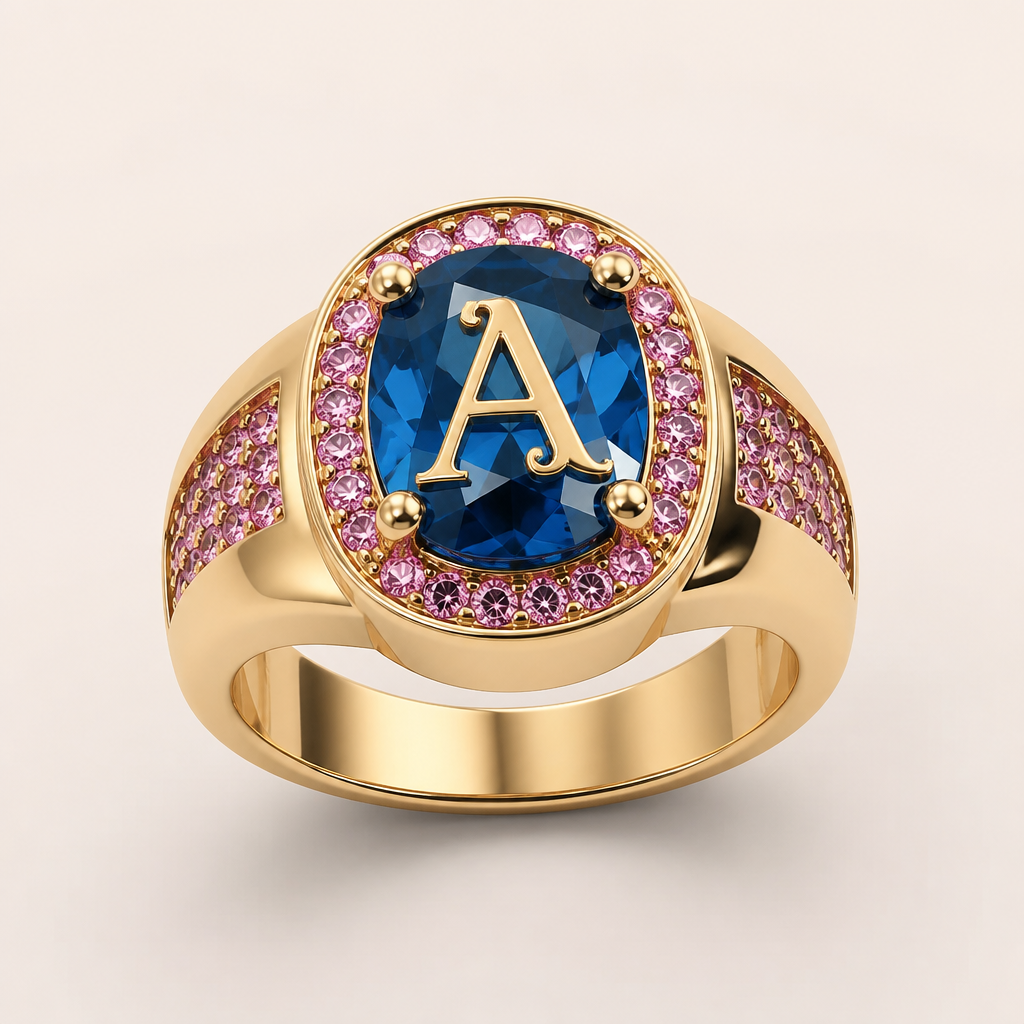 A modern women's ring made of gold suitable for birthday. um anel de 15 anos mais grosso com pedra azul com a inicial e na cor rosa com pedrinhas com frase dentro casa um com sua cor
photorealistic jewelry design, A modern women's ring made of gold suitable for birthday. um anel de 15 anos mais grosso com pedra azul com a inicial e na cor rosa com pedrinhas com frase dentro casa um com sua cor, modern style, just the design no text
