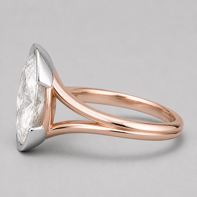 the split bezel should difuse to a double band
edit the attached jewelry design with these instructions: the split bezel should difuse to a double band. keep it photorealistic, just the design no text