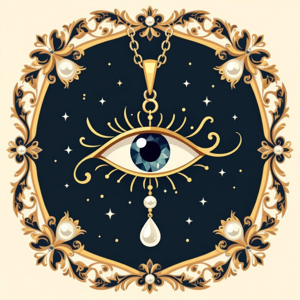 Тонкая цепочка с золотыми шариками и мелкими жемчужными камушками на цепочке есть кулон в форме глаза, зрачок глаза из раухтопаза от глаза идет маленькая подвеска с маленьким камушком 