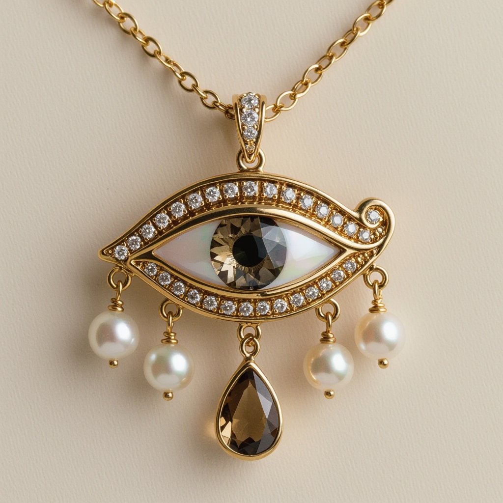 Тонкая цепочка с золотыми шариками и мелкими жемчужными камушками на цепочке есть кулон в форме глаза, зрачок глаза из раухтопаза от глаза идет маленькая подвеска с маленьким камушком 