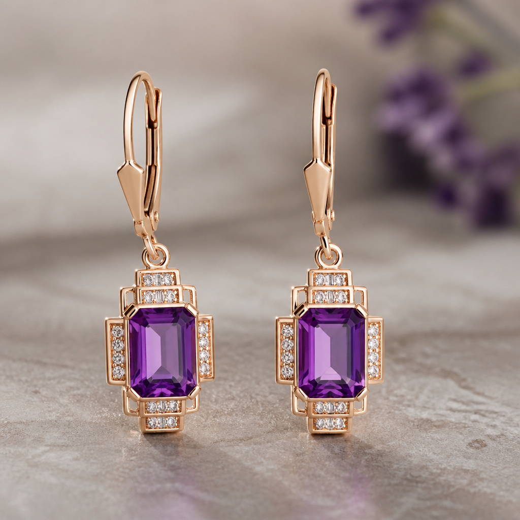 A art deco women's earrings made of rose gold with amethyst stones suitable for daily wear. diamonds are a girl's best friend ,But amethyst is the stone of my birth.
photorealistic jewelry design, A art deco women's earrings made of rose gold with amethyst stones suitable for daily wear. diamonds are a girl's best friend ,But amethyst is the stone of my birth., art_deco style, just the design no text