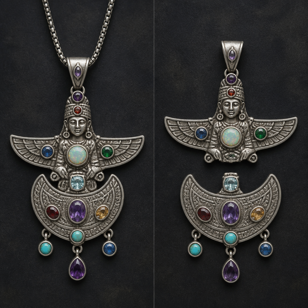 A bohemian women's pendant made of silver with amethyst and opal and sapphire and emerald and garnet and aquamarine and topaz and turquoise stones suitable for daily wear. quiero un colgante de la civiñizacion sumeria desmontable en dos , para dos uso diferentes tipo amuleto
photorealistic jewelry design, A bohemian women's pendant made of silver with amethyst and opal and sapphire and emerald and garnet and aquamarine and topaz and turquoise stones suitable for daily wear. quiero un colgante de la civiñizacion sumeria desmontable en dos , para dos uso diferentes tipo amuleto, bohemian style, just the design no text