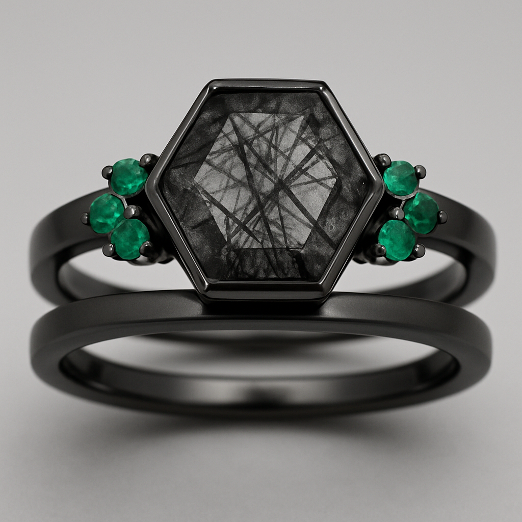 2pc ring set, Black band, medium long hexagon cut rutilated black quartz, emerald accent stones 3 on each side in a cluster 