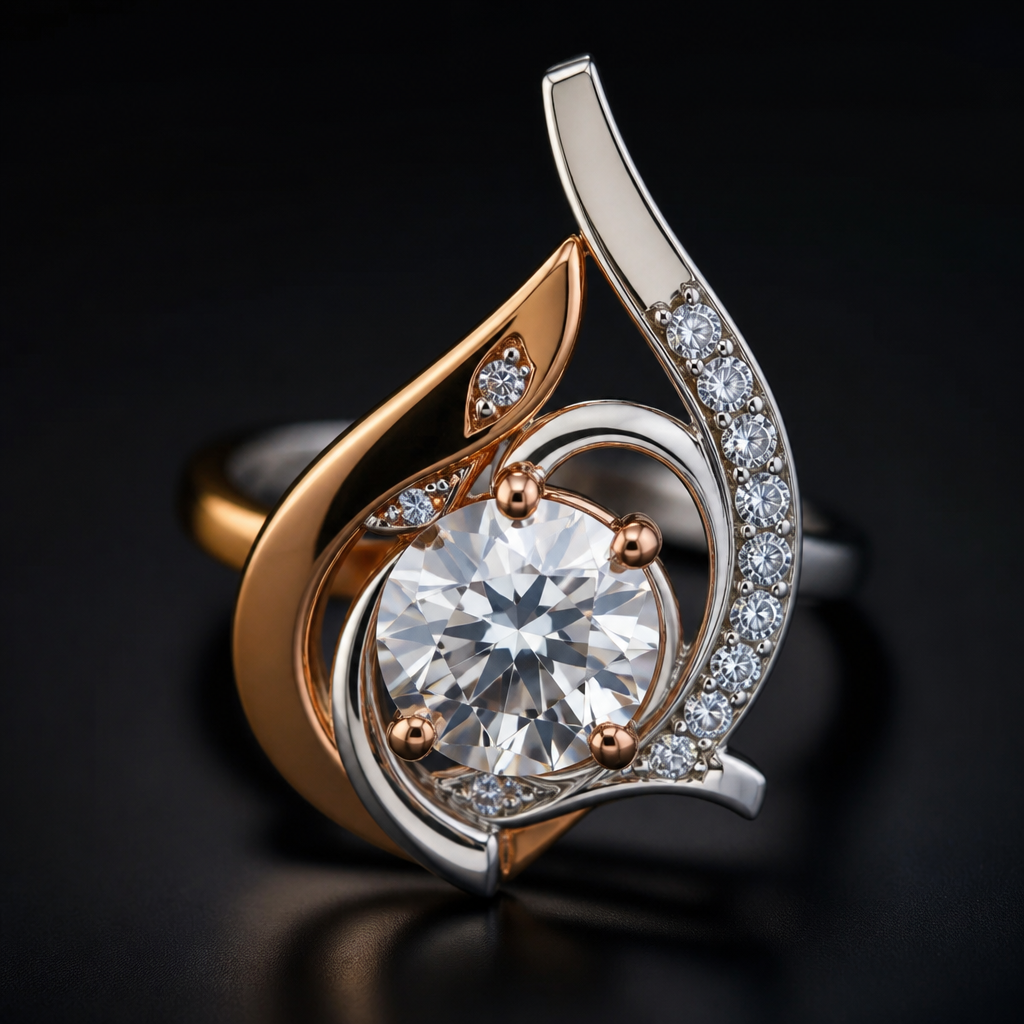 A avant-garde women's ring made of mixed metal with diamond stones suitable for festival. An extraordinary excellent beautiful delicate and elegant solitaire women ring. Face of the ring.
photorealistic jewelry design, A avant-garde women's ring made of mixed metal with diamond stones suitable for festival. An extraordinary excellent beautiful delicate and elegant solitaire women ring. Face of the ring., avant_garde style, just the design no text