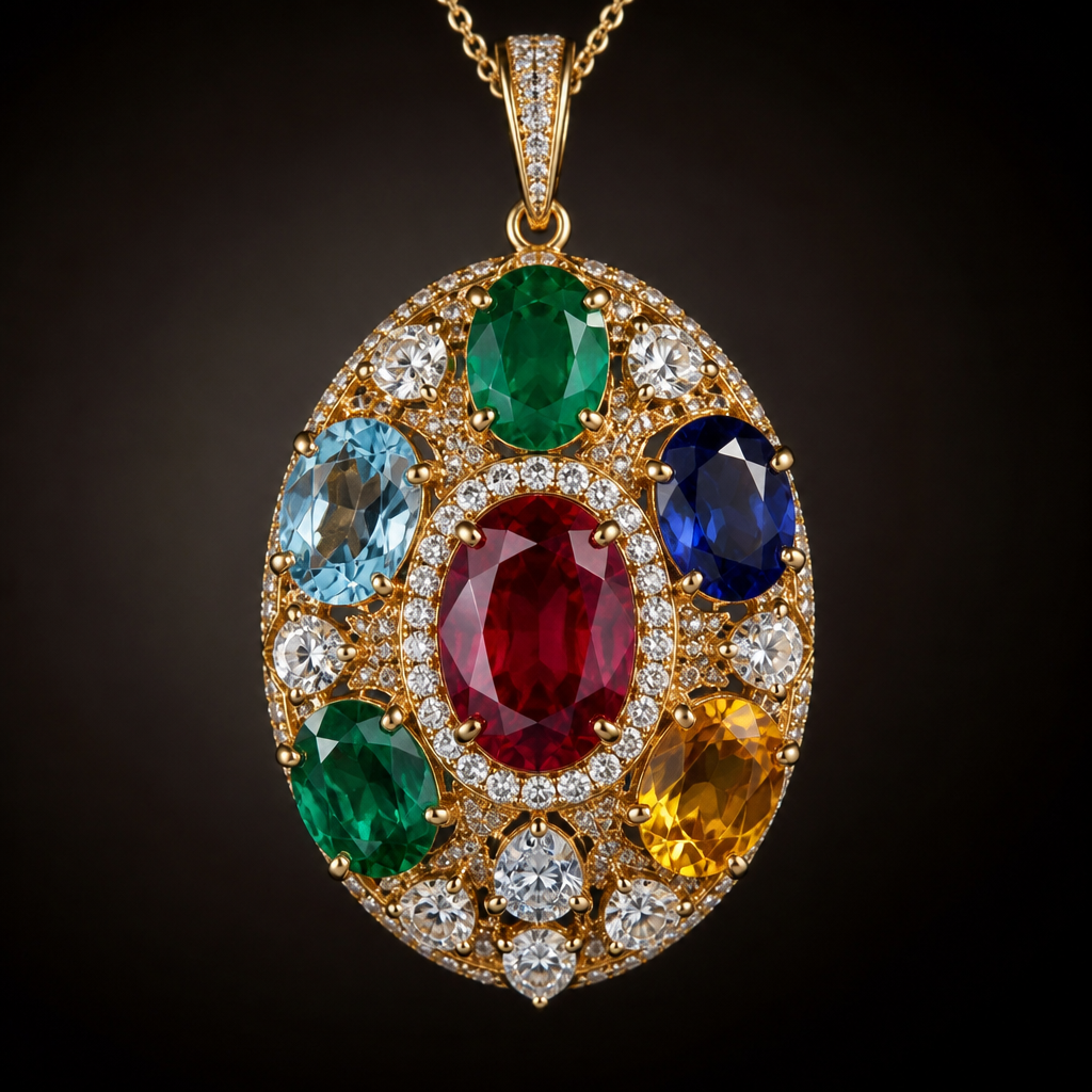 Oval gemstones pendant ruby emerald sapphire diamonds topaz
photorealistic jewelry design, Oval gemstones pendant ruby emerald sapphire diamonds topaz
, artistic style, just the design no text