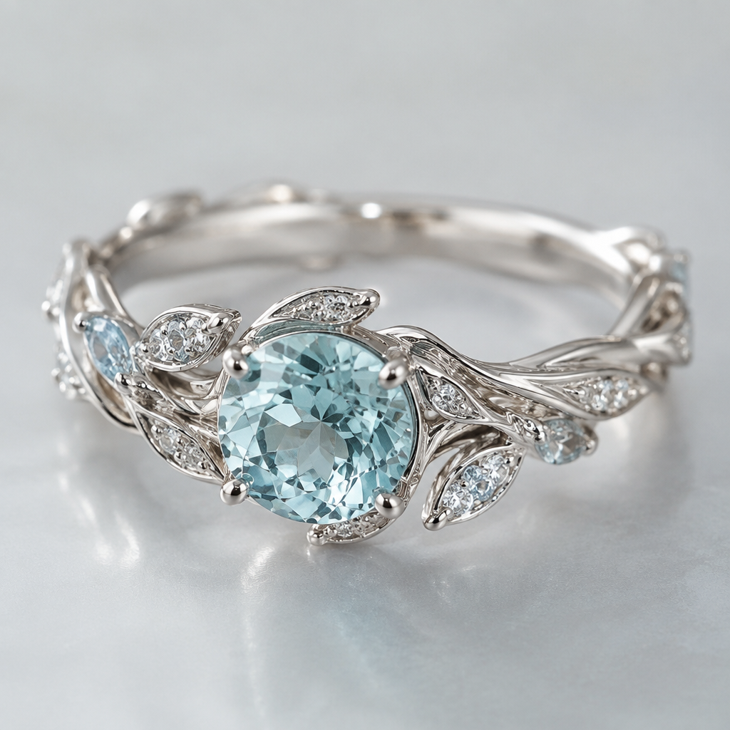 A nature-inspired women's ring with aquamarine stones. Weißgold Verlobungsring
photorealistic jewelry design, A nature-inspired women's ring with aquamarine stones. Weißgold Verlobungsring, nature_inspired style, just the design no text