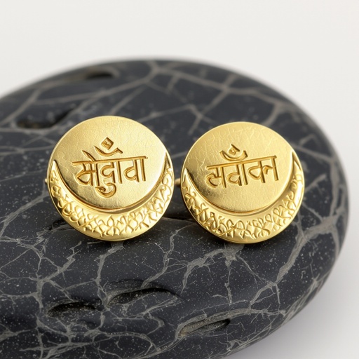 Серьги золотые в форме полумесяца, полукруг как продолжение застежки, на полукруге надписи мантрами на санскрите