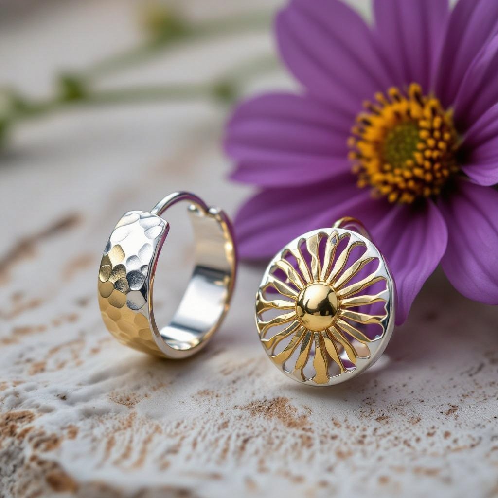 Золотые серьги полукруг половинка горящего солнца мятое неровное золото лучи волнистые другая половинка круга серебряная 