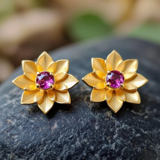 Gold-colored matte ring earrings. Diameter 1 cm. A flat lotus pendant with 6 petals. Pink quartz in the center of the lotus