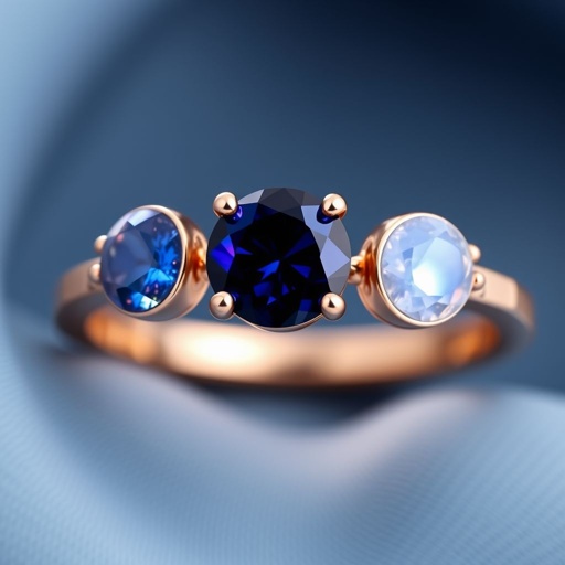 A simple, three stone rose gold engagement ring set with a circular alexandrite. Also set with a small half moon blue chalcedony on one side right next to it, and a small half moon moonstone set on the other side right next to it. On the inside of the band, it has an inscription reading, “Tuum. Et in hac vita et in altera.”