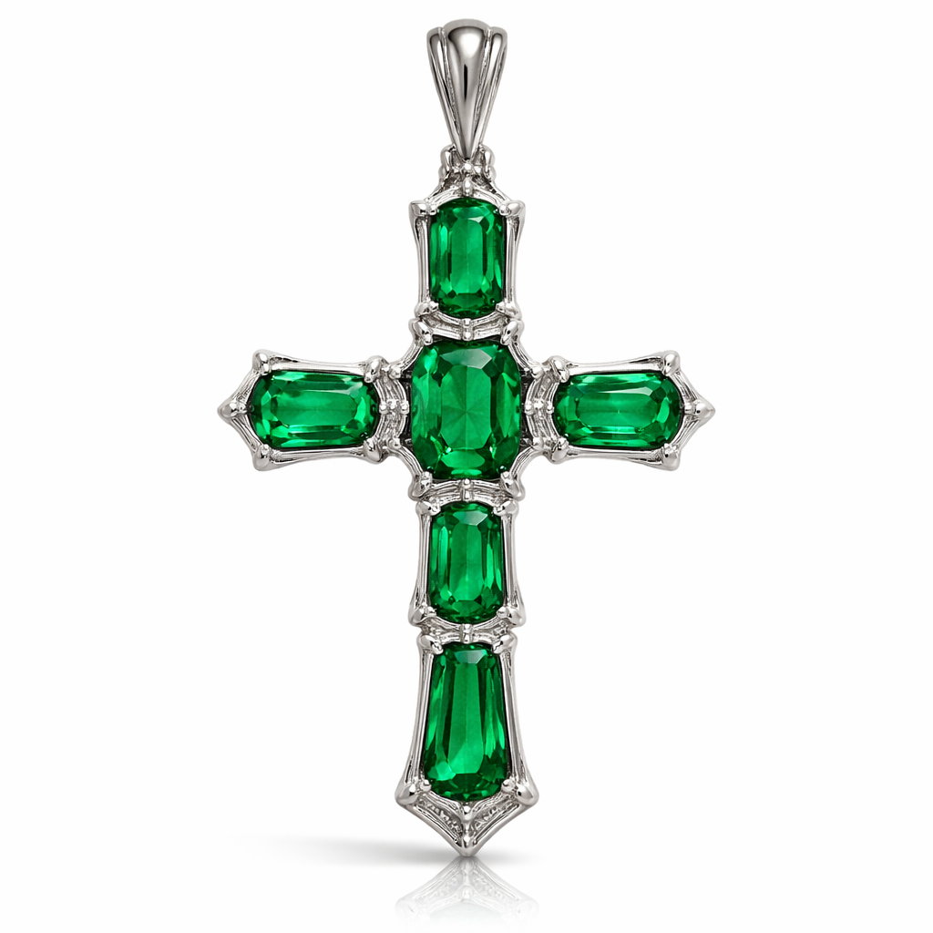 Emerald Cross in white gold. Classic and stunning. No other stones.