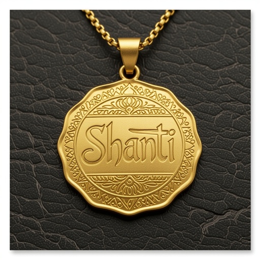 Золотой матовый медальон похожий на мятую монету с неровными краями. Надпись изящная с наклоном Shanti. Узоры вокруг надписи 