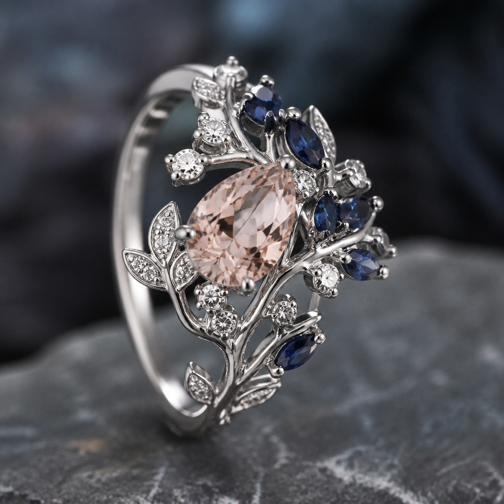 A women's ring made of white gold with sapphire and diamond stones, detailed and decorative, moderately ornate. create a ring using sapphire, Morganite and diamonds that reflects nature in design
photorealistic jewelry design, A women's ring made of white gold with sapphire and diamond stones, detailed and decorative, moderately ornate. create a ring using sapphire, Morganite and diamonds that reflects nature in design, modern style, just the design no text