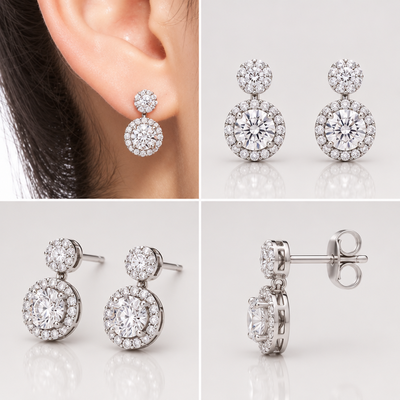 A women's earrings, minimalist, simple and delicate, clean lines. แก้ไขเฉพาะส่วนของต่างหูชิ้นล่างที่อยู่ภายในวงกลมสีแดงในภาพต้นฉบับ โดยปรับรูปแบบการประดับเพชรให้เป็น เพชรเม็ดเดี่ยวล้อม 1 ชุด (Single Center Stone with One Halo) โดยมีเพชรเม็ดกลาง 1 เม็ด และมีเพชรเม็ดเล็กเรียงล้อมรอบเพชรเม็ดกลางเพียง 1 ชั้นอย่างสมมาตร ให้มีรูปทรงและสัดส่วนสวยงาม ดูหรูหราและสามารถผลิตเป็นเครื่องประดับจริงได้, 4view
using the attached image as a visual reference, create A women's earrings, minimalist, simple and delicate, clean lines. แก้ไขเฉพาะส่วนของต่างหูชิ้นล่างที่อยู่ภายในวงกลมสีแดงในภาพต้นฉบับ โดยปรับรูปแบบการประดับเพชรให้เป็น เพชรเม็ดเดี่ยวล้อม 1 ชุด (Single Center Stone with One Halo) โดยมีเพชรเม็ดกลาง 1 เม็ด และมีเพชรเม็ดเล็กเรียงล้อมรอบเพชรเม็ดกลางเพียง 1 ชั้นอย่างสมมาตร ให้มีรูปทรงและสัดส่วนสวยงาม ดูหรูหราและสามารถผลิตเป็นเครื่องประดับจริงได้, 4view. photorealistic, just the design no text