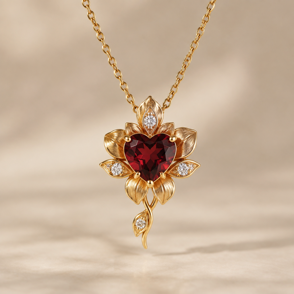 1.5 carat heart shaped garnet, yellow gold dainty necklace, make it look like a flower
photorealistic jewelry design, 1.5 carat heart shaped garnet, yellow gold dainty necklace, make it look like a flower, nature_inspired style, just the design no text