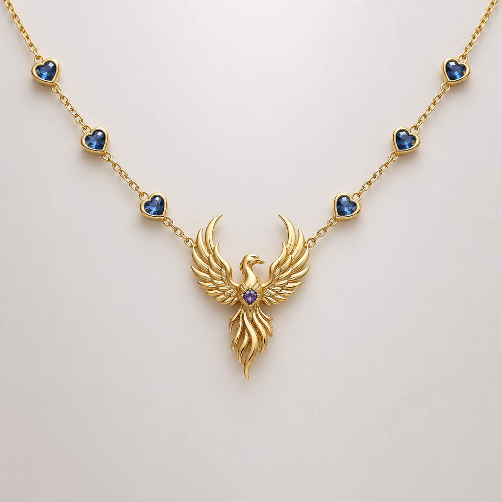 A minimalist women's pendant made of gold with amethyst and sapphire stones suitable for daily wear. um pendente com fio dourado, ouro, robusto, com 7 corações espaçados emtre si 0,05mm com pedra azul sapphire. no centro uma fenix segurando uma pedra pequena amethyst. um colar smples, elegante, sofesticado e discreto para usar no dia a dia com charme e poder
photorealistic jewelry design, A minimalist women's pendant made of gold with amethyst and sapphire stones suitable for daily wear. um pendente com fio dourado, ouro, robusto, com 7 corações espaçados emtre si 0,05mm com pedra azul sapphire. no centro uma fenix segurando uma pedra pequena amethyst. um colar smples, elegante, sofesticado e discreto para usar no dia a dia com charme e poder, minimalist style, just the design no text