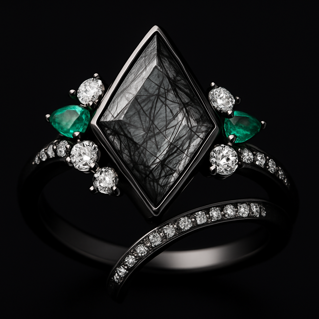 Kite cut Black rutilated quartz with 1 emerald on each side and 3 moissanite on each side accent stones in a cluster on a black band, second band black with moissanite stones that curves around the main stone 