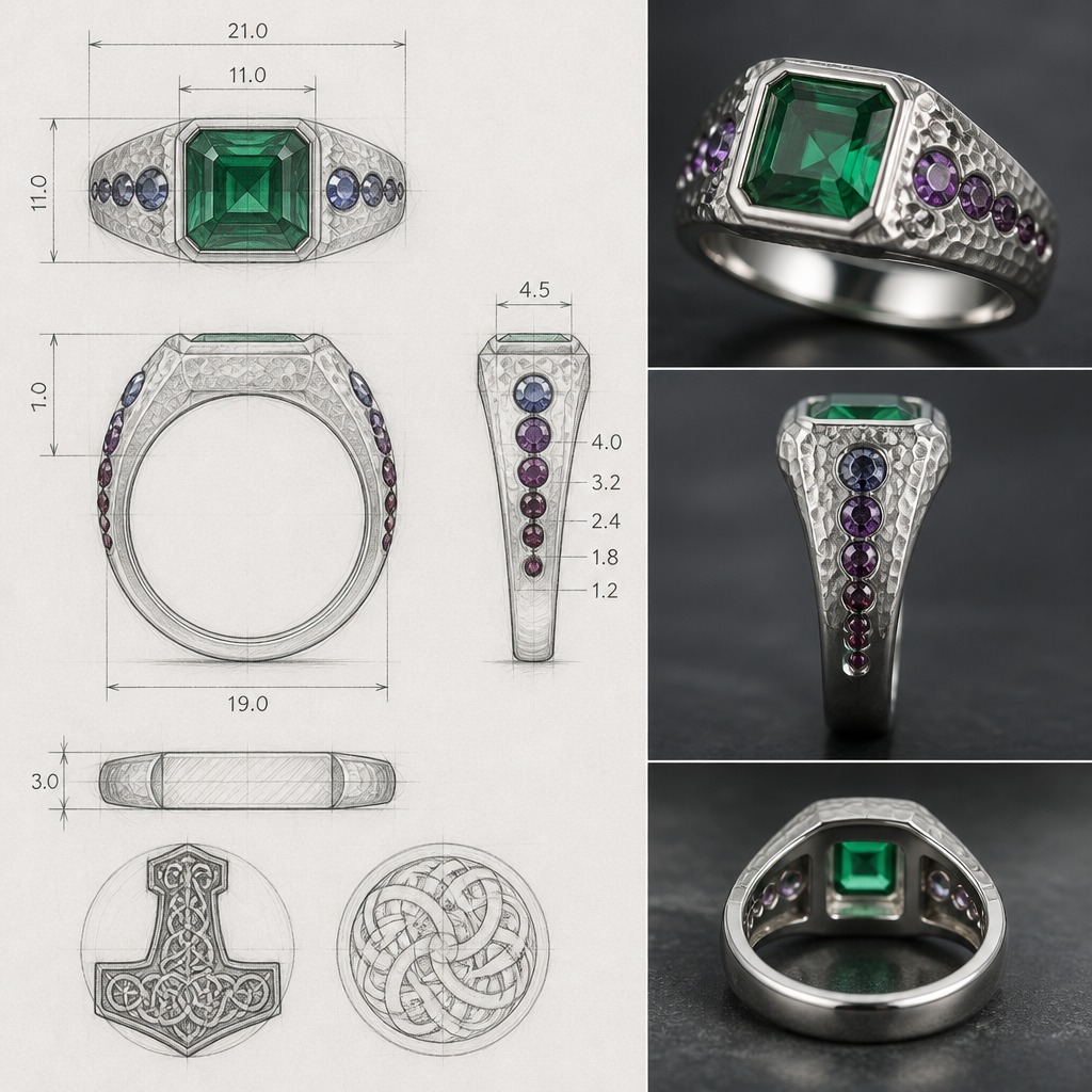 A scandinavian men's ring made of silver with emerald and garnet stones. a square emerald cut 11mm by 11mm emerald in a signet ring with garnets on the side between 3 and 6 on each side that goes from really dark red almost black to purple and then blueish garnet at the top on the sides close to the emerald also making the blueish garnet 4mm and going a size smaller until the dark red at the bottom at 1.2mm
i would like a detailed sketch with mesures and also a photo realistique of the ring
id like some scandinavian drawing
and a hammered texture on the top half that slowly transition to a polished finish on the bottom of the ring
photorealistic jewelry design, A scandinavian men's ring made of silver with emerald and garnet stones. a square emerald cut 11mm by 11mm emerald in a signet ring with garnets on the side between 3 and 6 on each side that goes from really dark red almost black to purple and then blueish garnet at the top on the sides close to the emerald also making the blueish garnet 4mm and going a size smaller until the dark red at the bottom at 1.2mm
i would like a detailed sketch with mesures and also a photo realistique of the ring
id like some scandinavian drawing
and a hammered texture on the top half that slowly transition to a polished finish on the bottom of the ring, scandinavian style, just the design no text
