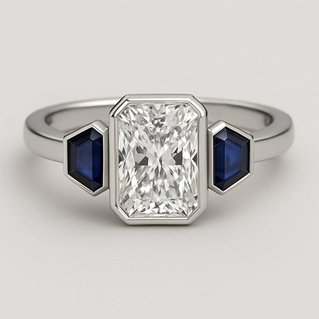 A platinum engagement ring with an elongated radiant diamond center stone half bezel set and coffin shaped sapphire side stones 