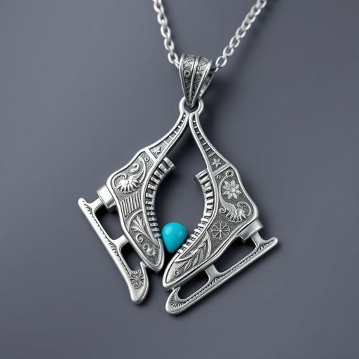Silver pendant in the shape of ice skating blades with a turquoise stripe within the blade