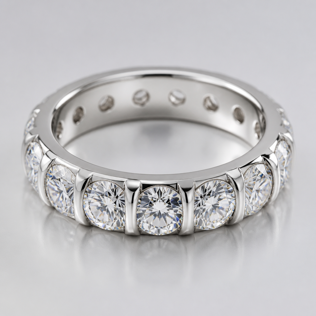 A women's ring with diamond stones. weissgold Ring mit rundum schönen 9 stück 3,5 karäter Brillanten eingefasst
photorealistic jewelry design, A women's ring with diamond stones. weissgold Ring mit rundum schönen 9 stück 3,5 karäter Brillanten eingefasst, modern style, just the design no text