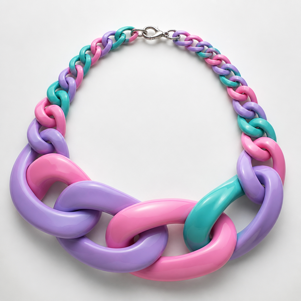 A women's necklace. create a chunky Cuban links style plastic necklace that is graduated and exaggerated in the first three links.colors: alternating lavender, pink, and teal
photorealistic jewelry design, A women's necklace. create a chunky Cuban links style plastic necklace that is graduated and exaggerated in the first three links.colors: alternating lavender, pink, and teal, modern style, just the design no text