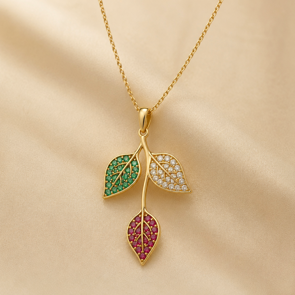 A nature women's pendant made of gold with diamond and emerald and ruby stones suitable for daily wear. two leafs together shown in picture and one leaf a little distance apart each contain different gemstone from three I have choosen
photorealistic jewelry design, A nature women's pendant made of gold with diamond and emerald and ruby stones suitable for daily wear. two leafs together shown in picture and one leaf a little distance apart each contain different gemstone from three I have choosen, nature_inspired style, just the design no text