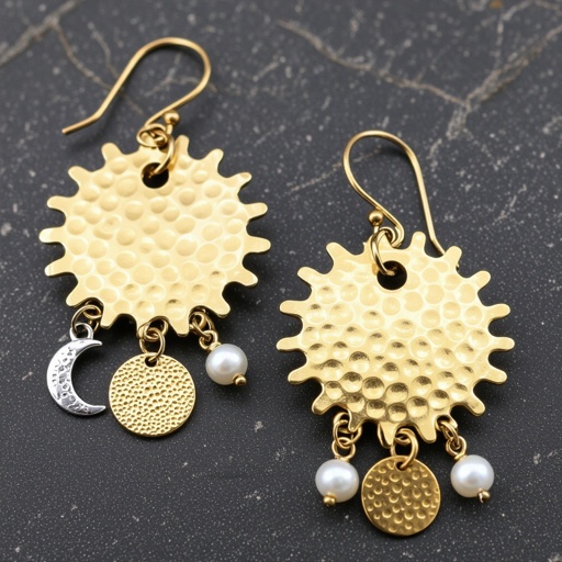 Золотые серьги словно мятое золото в форме солнца с волнистыми лучами, в центре солнца круглая дыра. крепится к застежке серьги. К нижней части солнца крепятся подвески: миниатюрная серебристая луна, очень маленький жемчуг и маленький золотой кружочек с мятым эффектом плоский