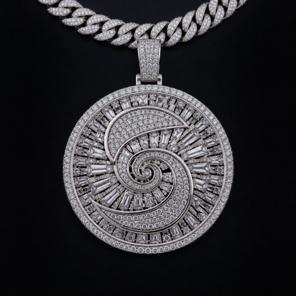 A women's pendant made of white gold with diamond stones, highly ornate, intricate and elaborate, richly detailed. una cadena cubana con un colgante redondo que ponga sokram
photorealistic jewelry design, A women's pendant made of white gold with diamond stones, highly ornate, intricate and elaborate, richly detailed. una cadena cubana con un colgante redondo que ponga sokram, modern style, just the design no text