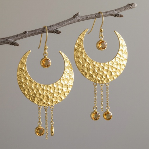 Золотые серьги словно мятое золото в форме узкого изящного полумесяца. Верхушка полумесяца крепится к застежке серьги.  От полумесяца идет три цепочки, у каждой на конце мелкий камушек цитрин