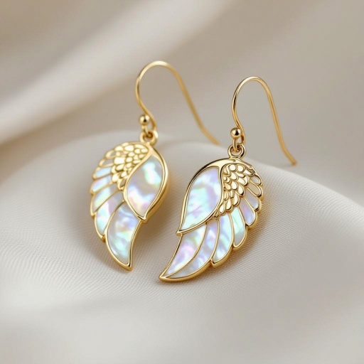 Серьги золотые в виде белого крыла ангела из перламутра 