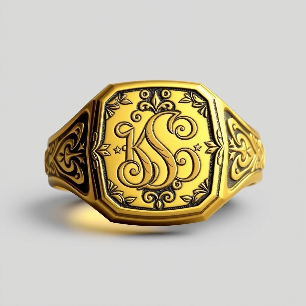 A square-shaped face with intricate hand engraving, showcasing a stylized monogram or crest design. The design includes ornate lettering (looks like an overlapping “K” and “S”) and elegant detailing around it. • The shank (band) of the ring is also engraved with patterns, possibly including stars or abstract motifs, adding to its handcrafted appeal. • The overall finish is polished, giving it a refined and luxurious look, while maintaining a classic vintage style, typical of traditional signet rings.
Design a luxurious gold signet ring featuring a square-shaped face, adorned with intricate hand engraving. The centerpiece showcases an elegant monogram, intertwining the letters “K” and “S” in ornate lettering. Surrounding the monogram, intricate detailing flourishes, while the polished shank boasts abstract motifs and star patterns, enhancing the handcrafted vintage allure.