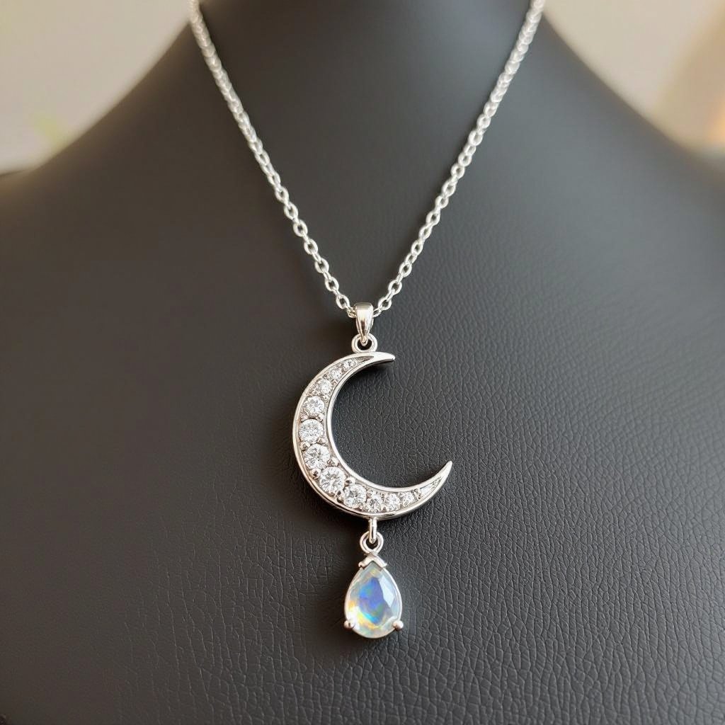 Луна полумесяцем с мелкими камушками и маленький в виде кристала лунный камень подвеска